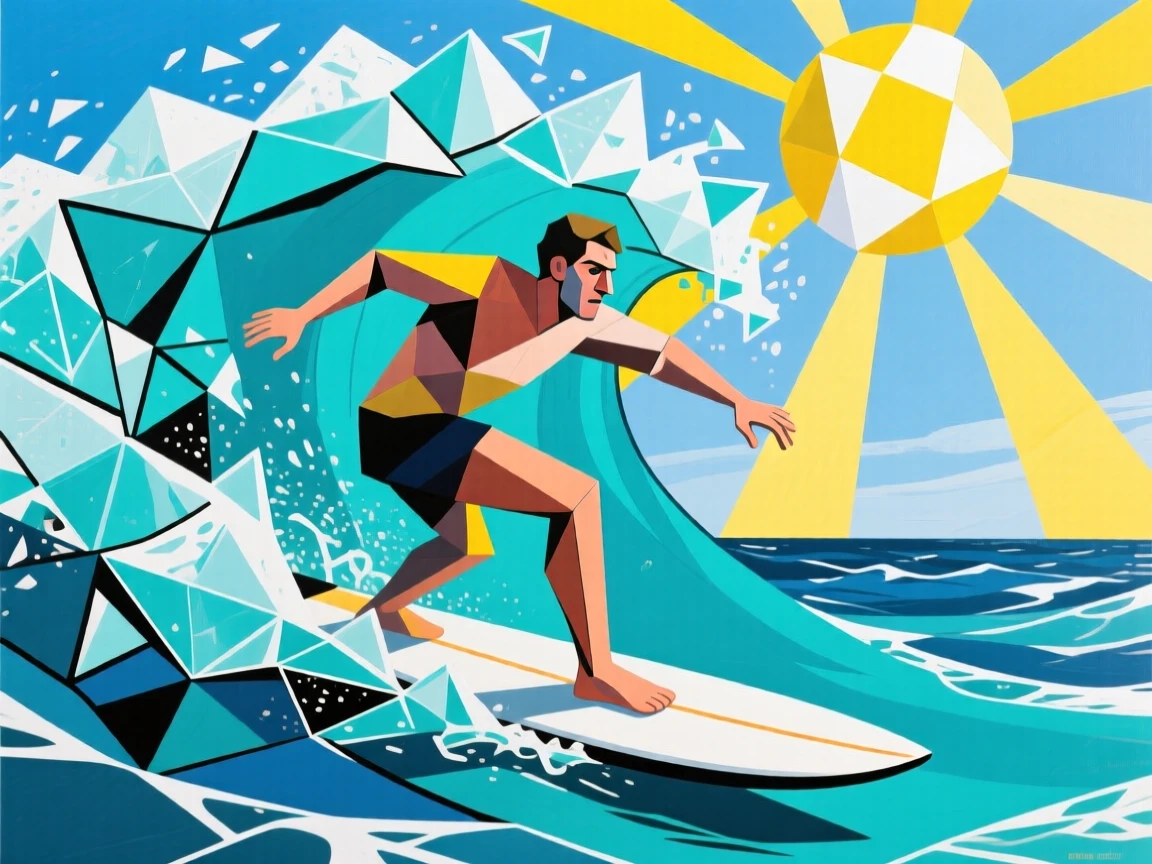 A surfer riding a massive turquoise wave under a bright midday sun.