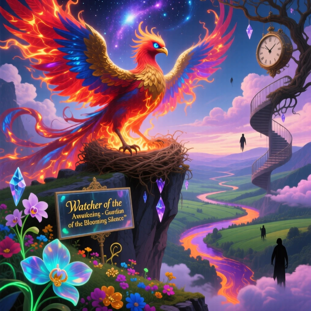 A phoenix rising from a nest of glowing embers atop a cliff watches silently over a sleeping valley below, as flowers bloom instinctively wherever it steps.