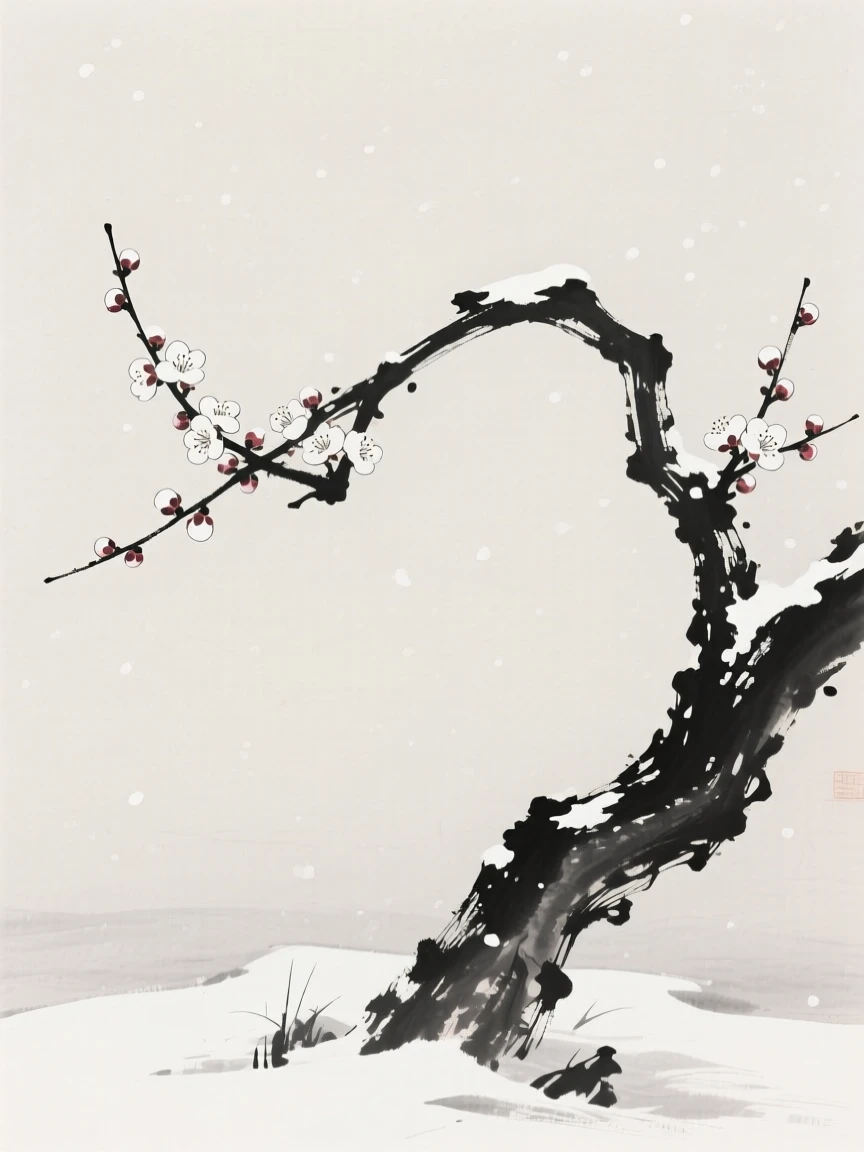 A single plum branch extends into frame, its blossoms dusted with snow, as the last snow of the season melts around its roots.