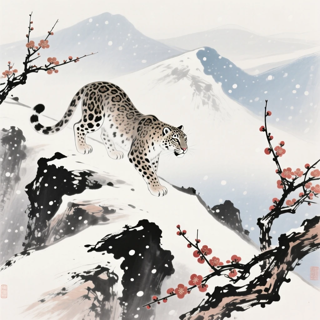 A snow leopard picking its way along a rocky mountain ridge, radiating gentle serenity, beneath softly falling snow, as the last plum blossoms cling to bare branches.