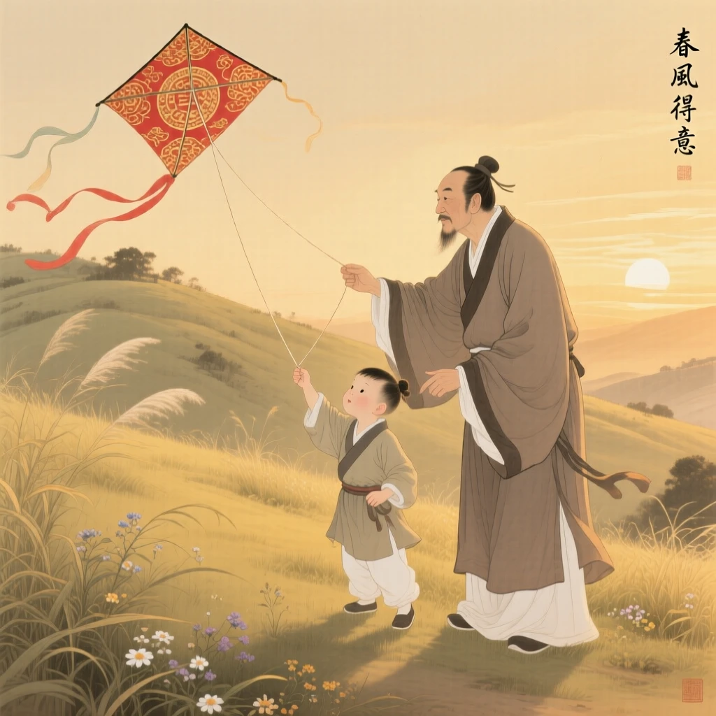 A father teaching his young son to fly a kite on a windy hillside, at golden hour, long shadows stretching across the grass