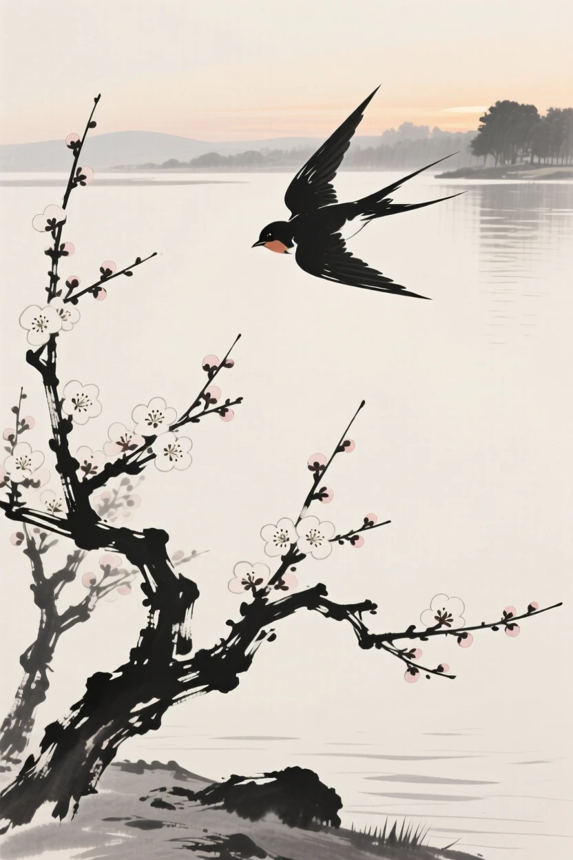 A swallow taking flight over a still lake beside a blooming plum tree, silhouetted softly against the fading light, evoking grace, freedom, and quiet elegance.