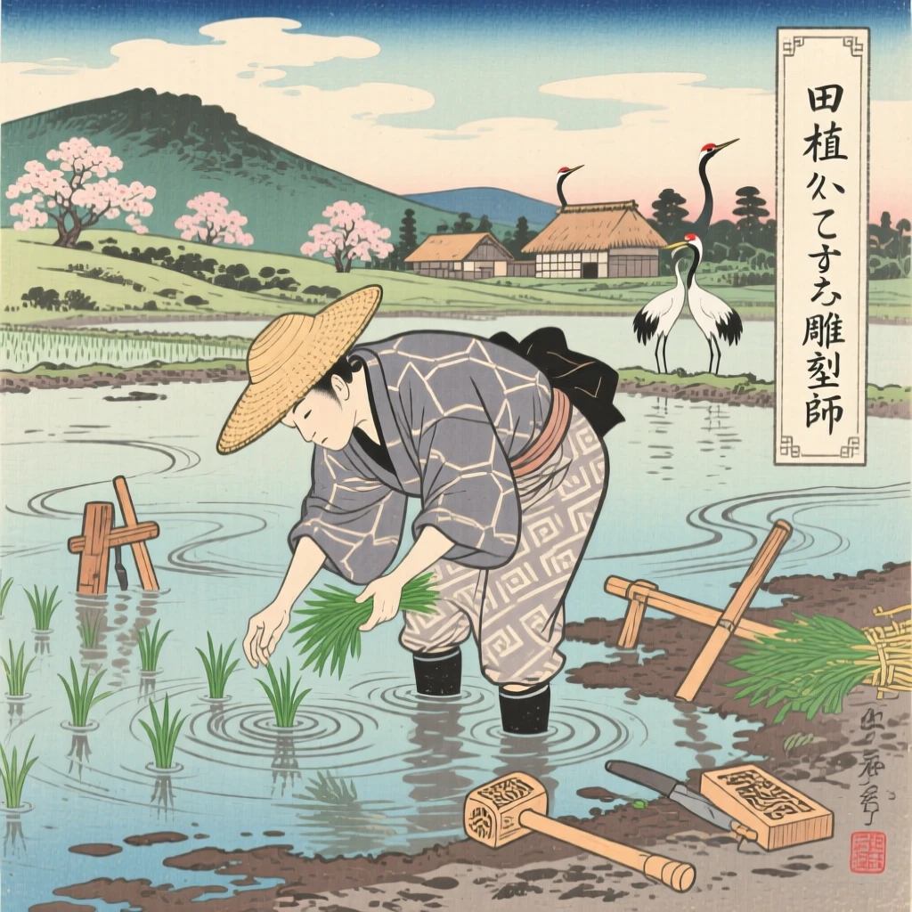 A woodblock carver planting seedlings in a flooded paddy field.