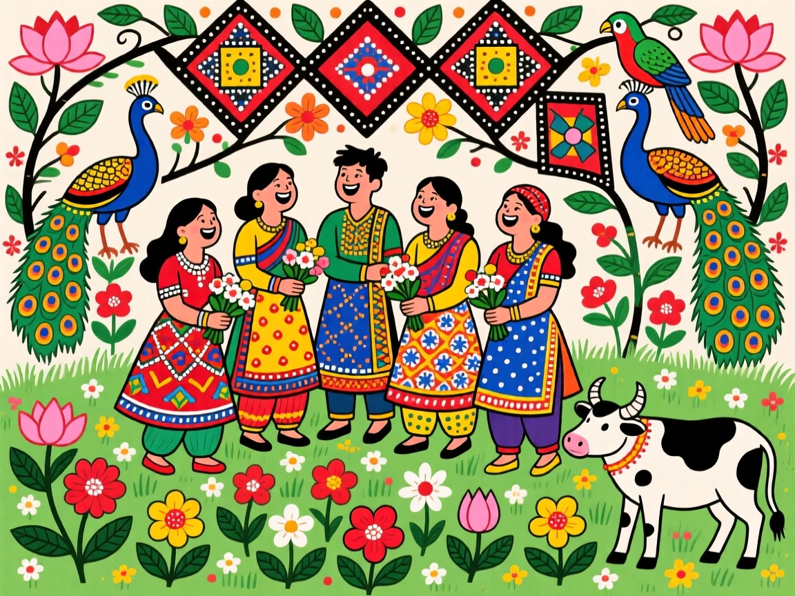 Friends laughing together while gathering flowers in a spring meadow.