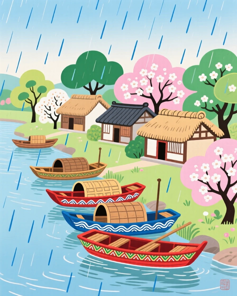 A view of a riverside village with boats moored along the bank, during a quiet spring rain.
