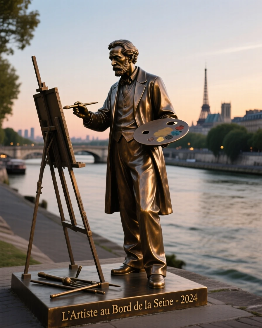 A french artist painting beside the seine at dusk, with a serene, contemplative gaze, forming a strong central focal point