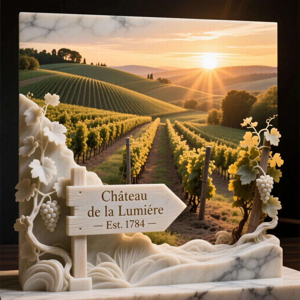 A breathtaking view of a sweeping vineyard at golden hour, rich with color and atmosphere, evoking peace and wonder