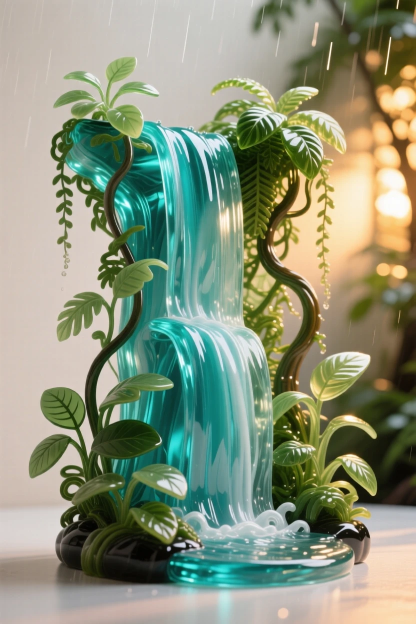 A turquoise waterfall cascading through a rainforest bathed in the warm glow of sunset, rich saturated colors, evoking a deep sense of wonder.