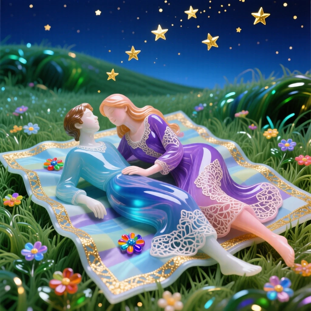 A young couple stargazing while lying on a picnic blanket in a meadow, romantic and dreamy.