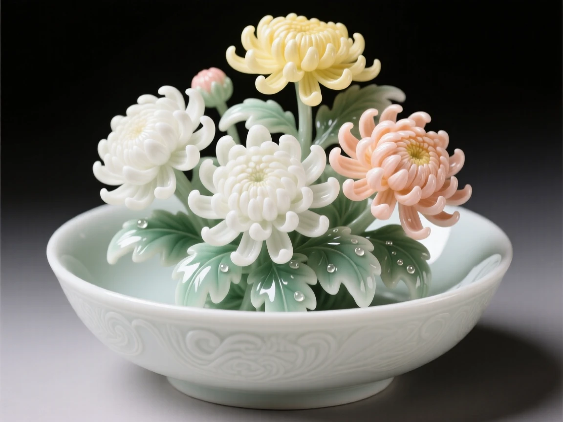 A lush arrangement of chrysanthemums in a shallow decorative bowl, dew still clinging to the leaves.