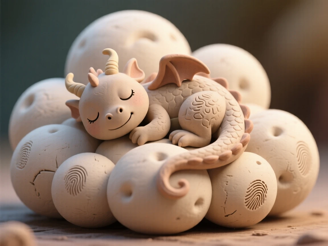 A tiny cloud dragon curling up for a nap on a pillowy cumulus