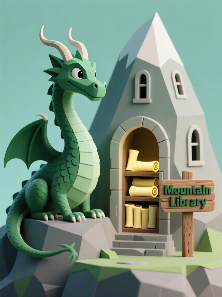 A wise old dragon with emerald scales guards a mountain library filled with ancient glowing scrolls.