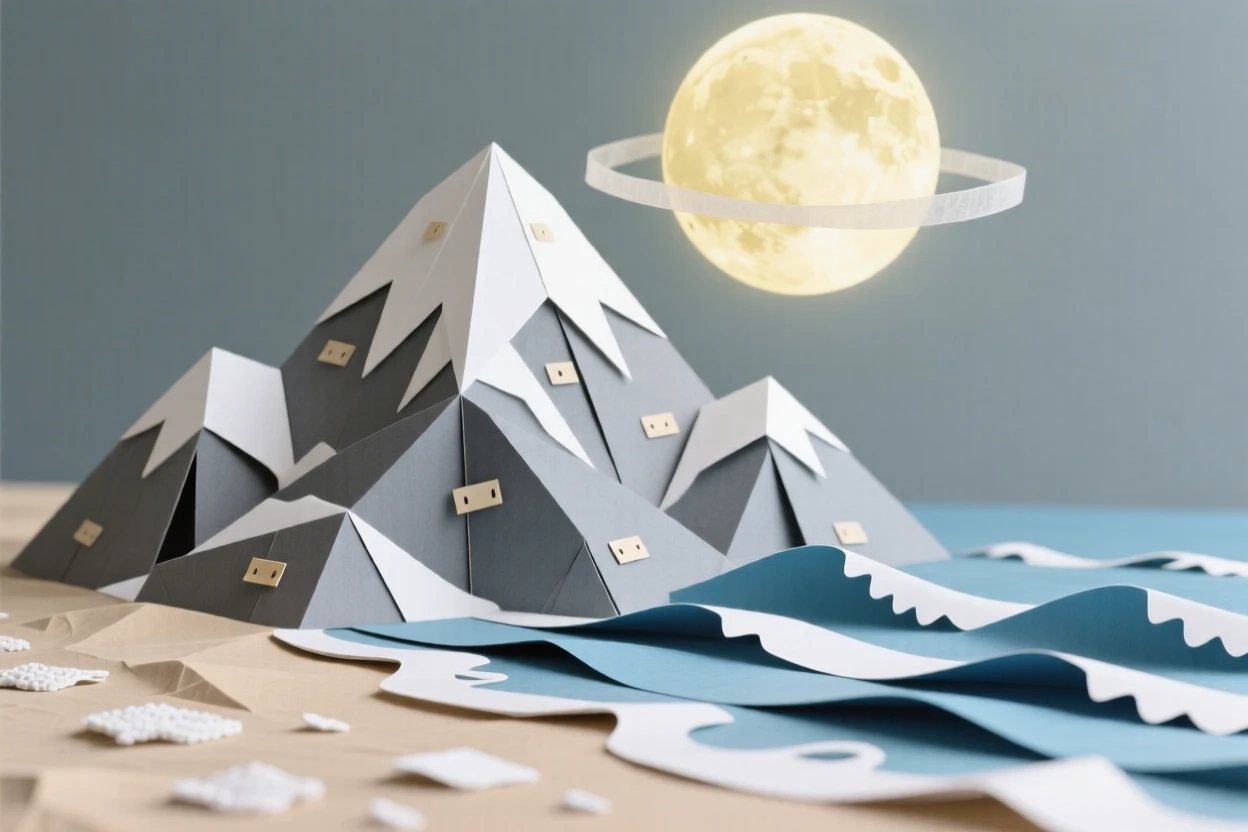 A snow-capped mountain peak under a glowing full moon, with gentle waves lapping against the shoreline, evoking a sense of untouched wilderness.