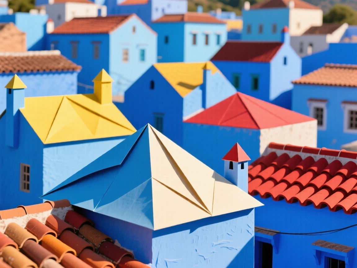 The colorful rooftops of Chefchaouen's blue city glowing under afternoon sun.