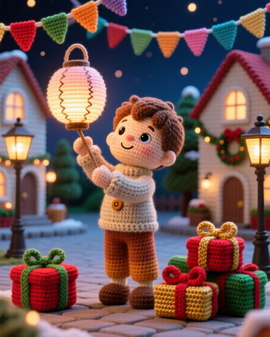 A festive scene of a small boy lighting a lantern during a quiet evening festival, holding a paper lantern up to the sky within a cheerful town square decorated for a parade; a small pile of wrapped presents nearby, radiating the joyful anticipation of a favorite season.