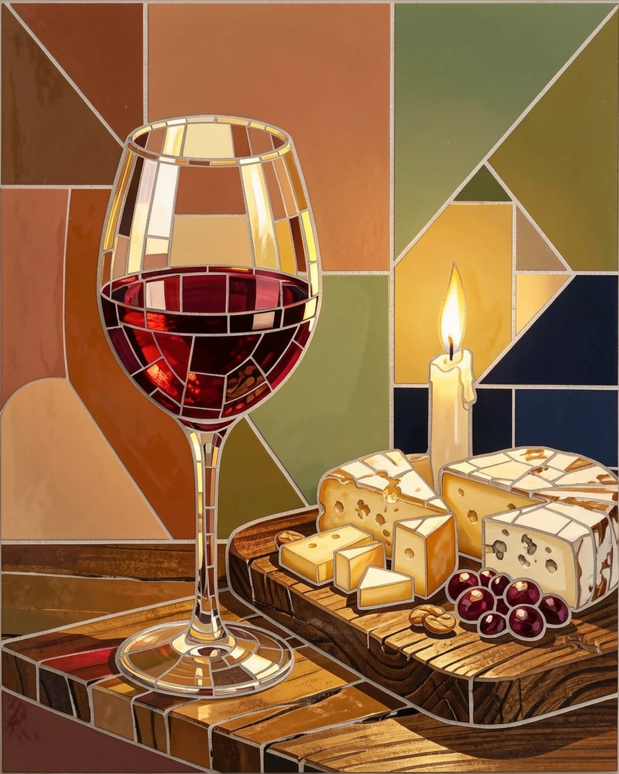 A close-up gourmet food photograph of a glass of red wine beside a rustic cheese board in candlelight, with rich color and inviting texture.