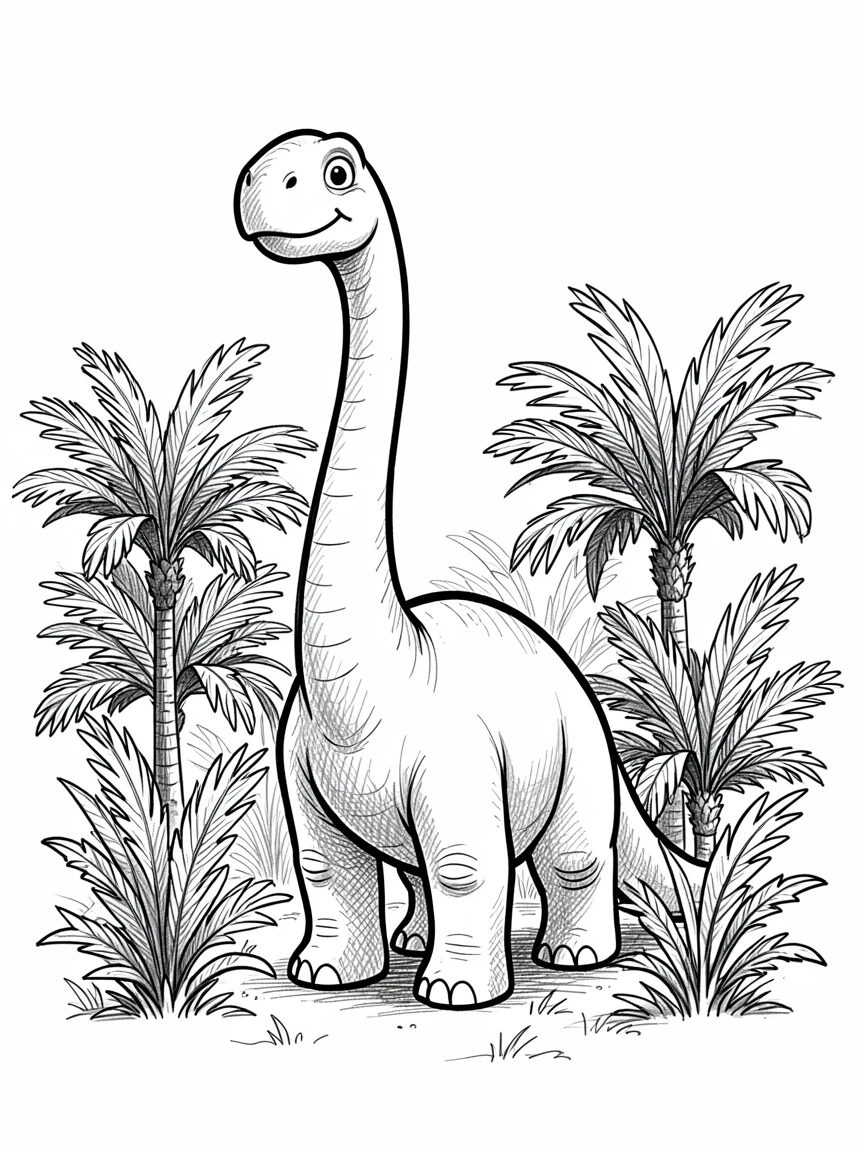 A gentle long-necked brontosaurus in a clearing full of cycad plants.
