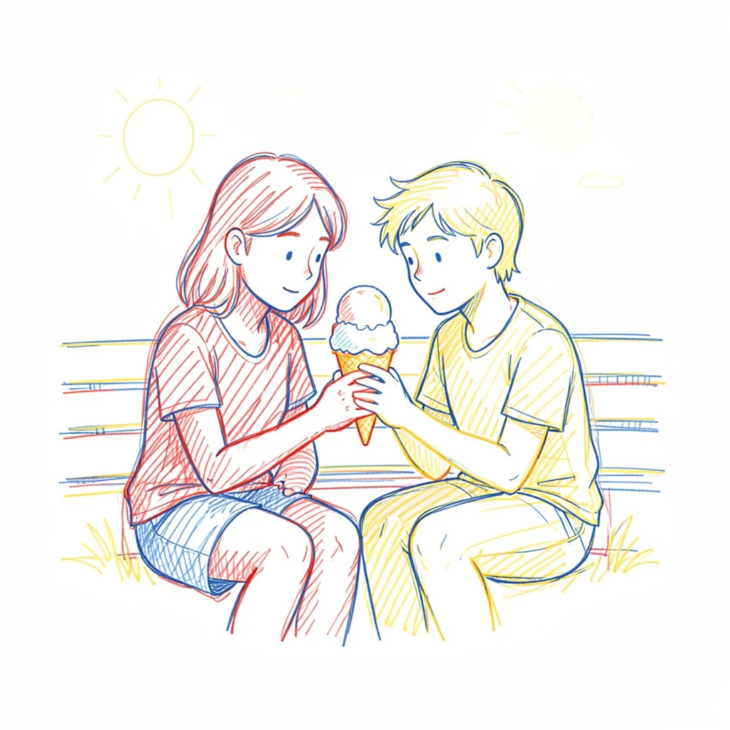 Twins sharing a single scoop of ice cream on a summer afternoon