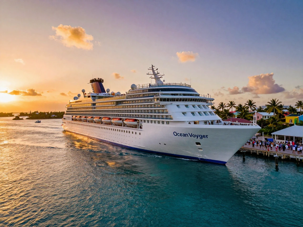A cruise ship departing a tropical port at sunset