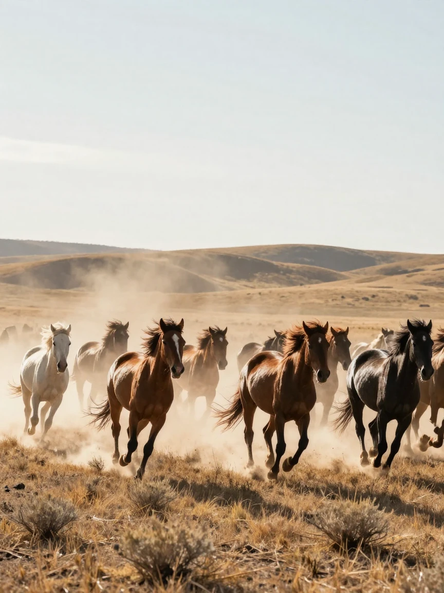 A herd of wild horses gallops across an open plain kicking up dust.