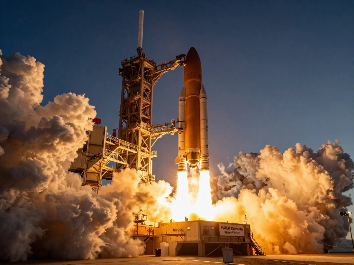 A rocket lifting off from a launch pad in a plume of fire and smoke