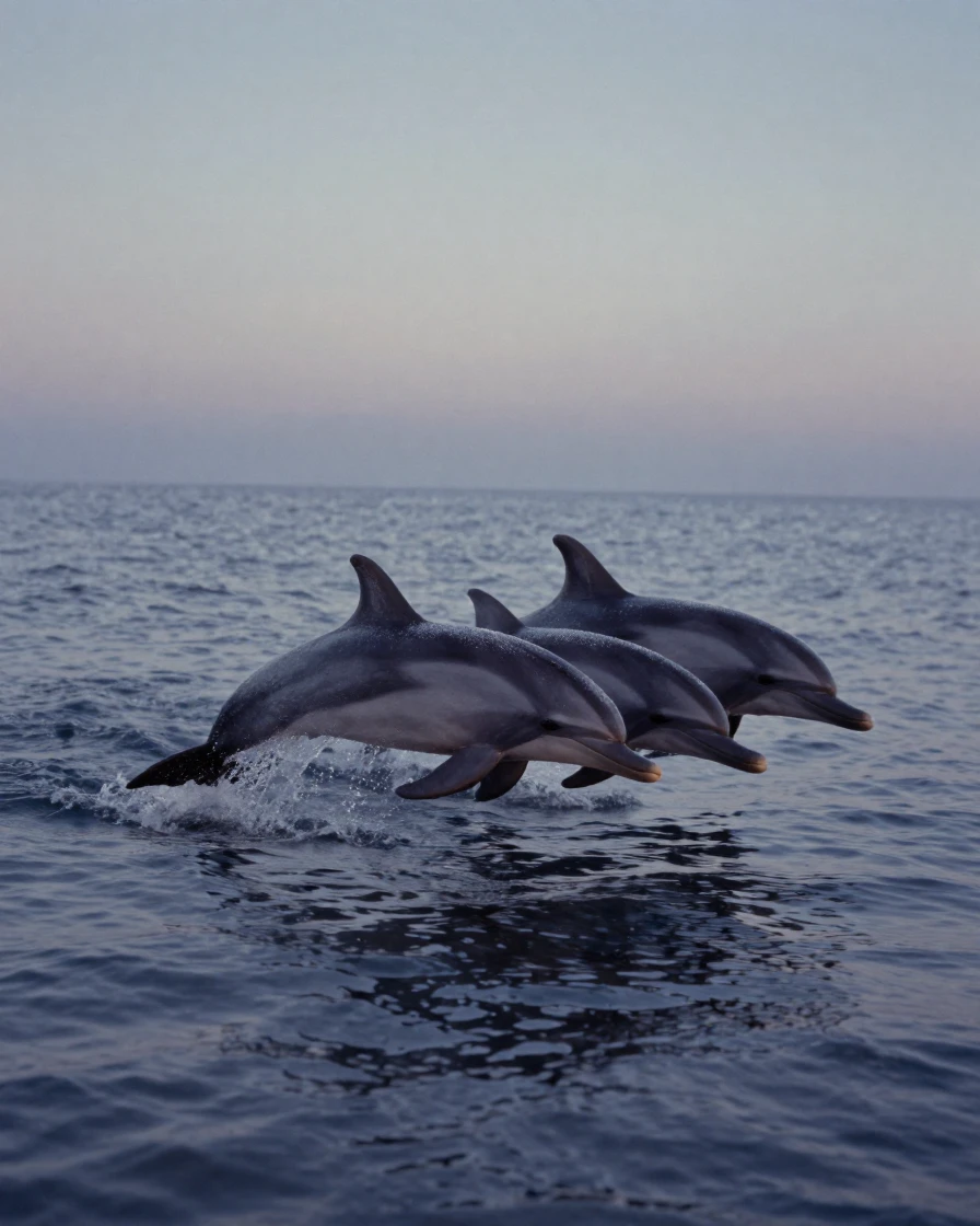 A pod of dolphins leaping through gentle ocean waves, in cool blue twilight, with frost coating every surface, in the mild days of early autumn, in cool blues and silvery greys, at eye level, intimate and direct.