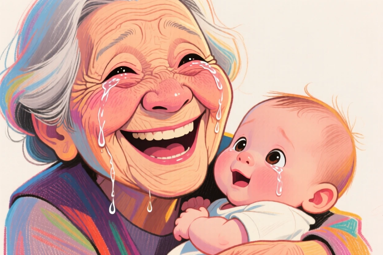 A grandmother holding her first great-grandchild, tears of joy streaming down her cheeks.