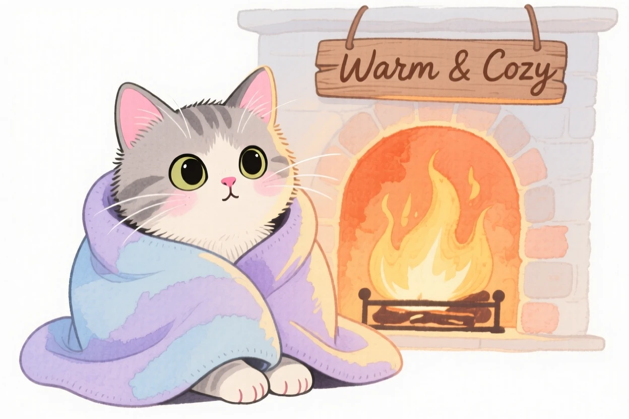 A curious kitten wrapped in a soft blanket by a fireplace