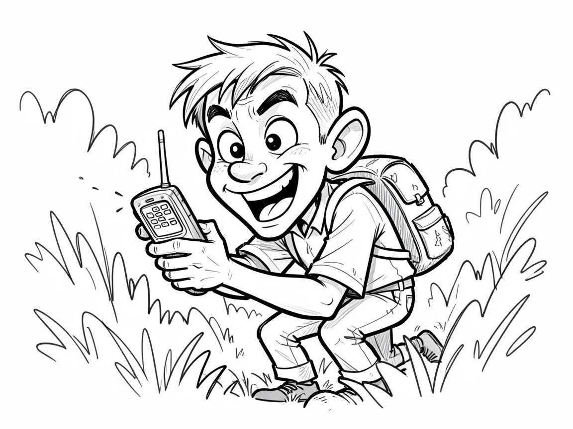 [Occupations & Hobbies] Detailed scene of an enthusiastic geocacher searching bushes with a GPS device, showcasing skill and dedication