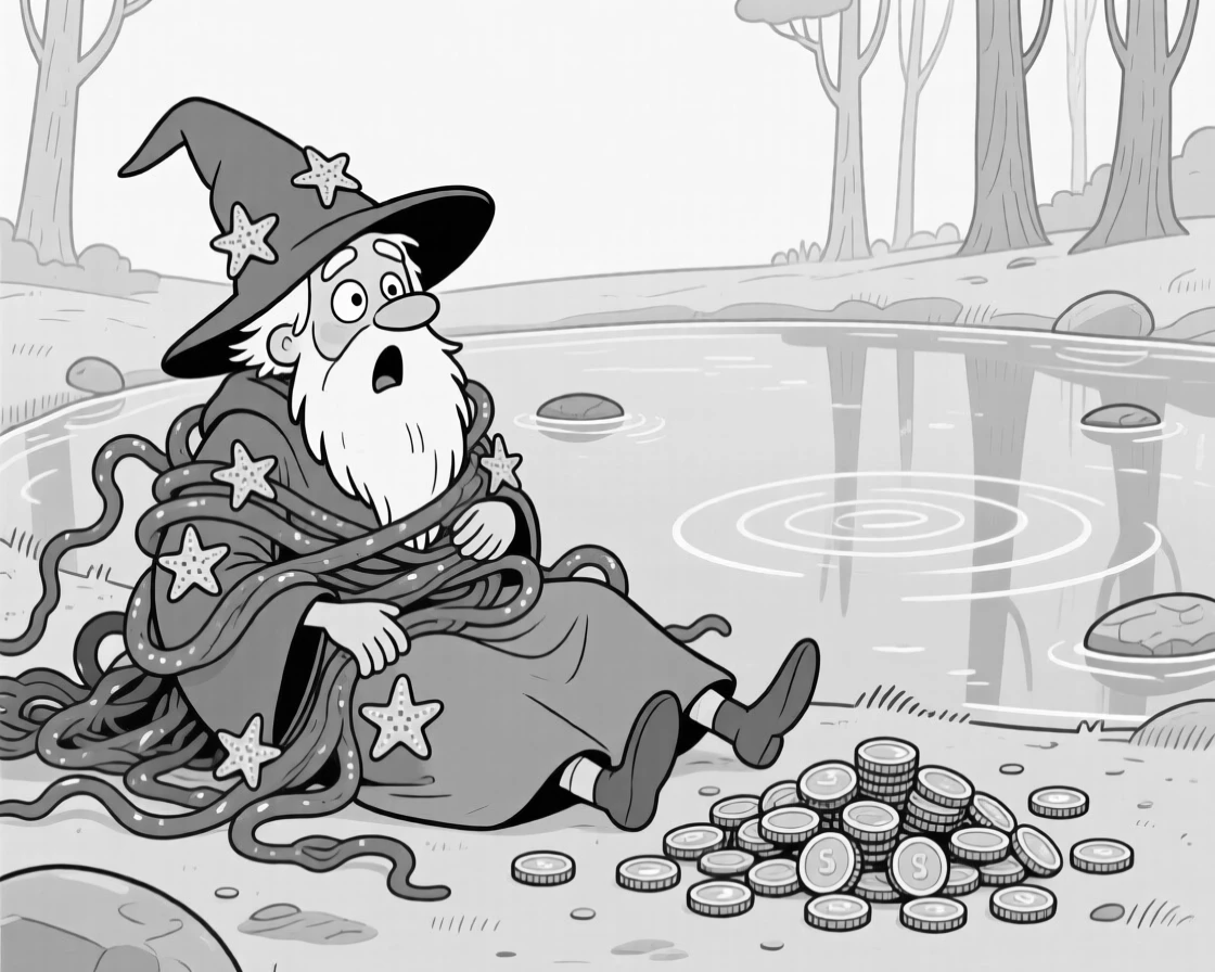 A bumbling wizard whose spell backfired on himself, getting hopelessly knotted in kelp and starfish, set beside a crystal-clear forest pond. A pile of gold coins spills comically across the floor. It's a whimsical moment that feels both magical and silly.