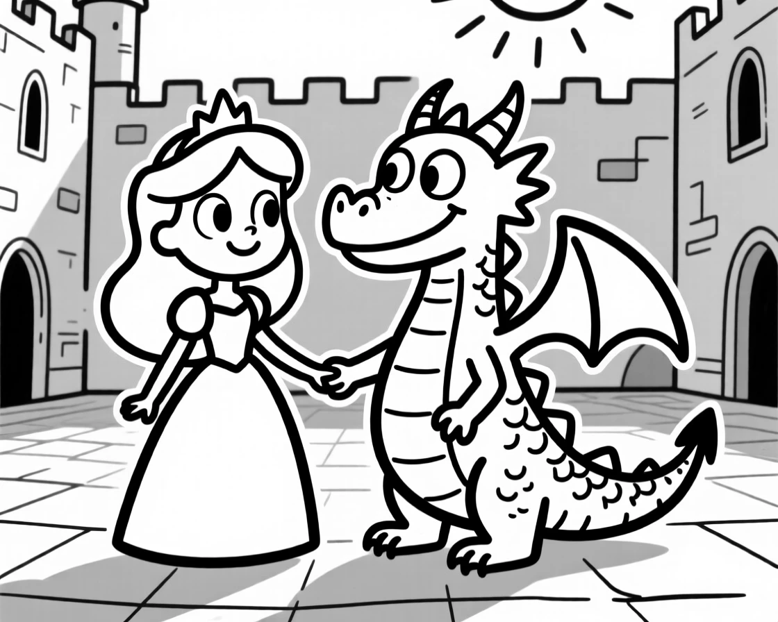 A princess and a dragon becoming unlikely friends in a sunlit castle courtyard.