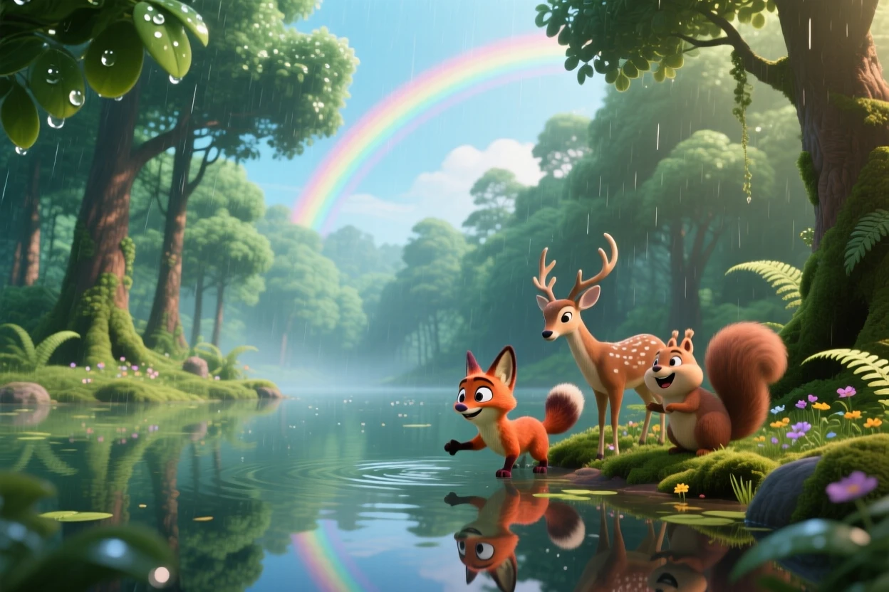 A dense emerald forest glows while a rainbow arcs faintly overhead after a storm, with reflections shimmering perfectly on the water's surface. The atmosphere feels fresh, alive, and untouched.