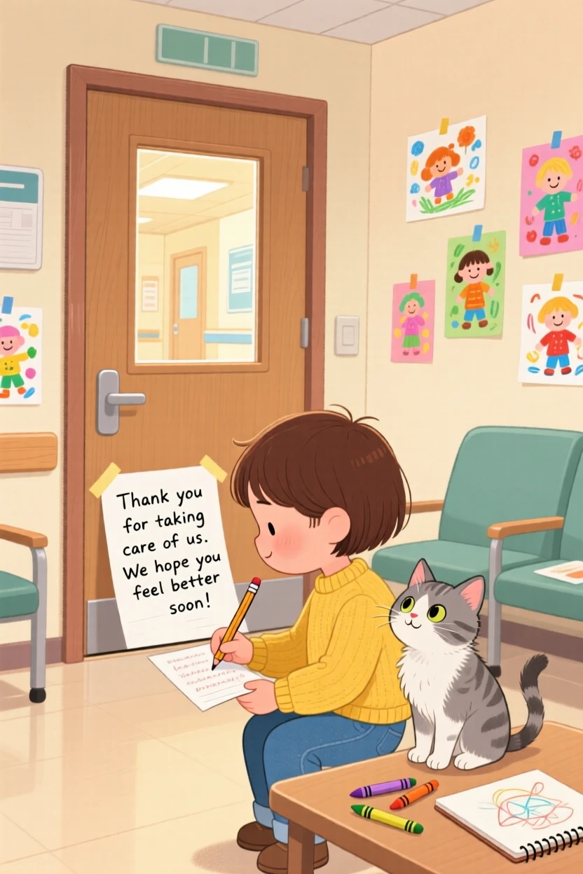 A child and a stray kitten are seen writing a kind note and leaving it on a doorstep in a hospital waiting room decorated with drawings, as a new friendship quietly begins.