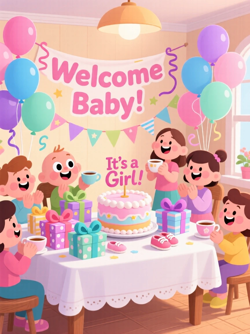 A baby shower with balloons and gifts wrapped in pastel paper.