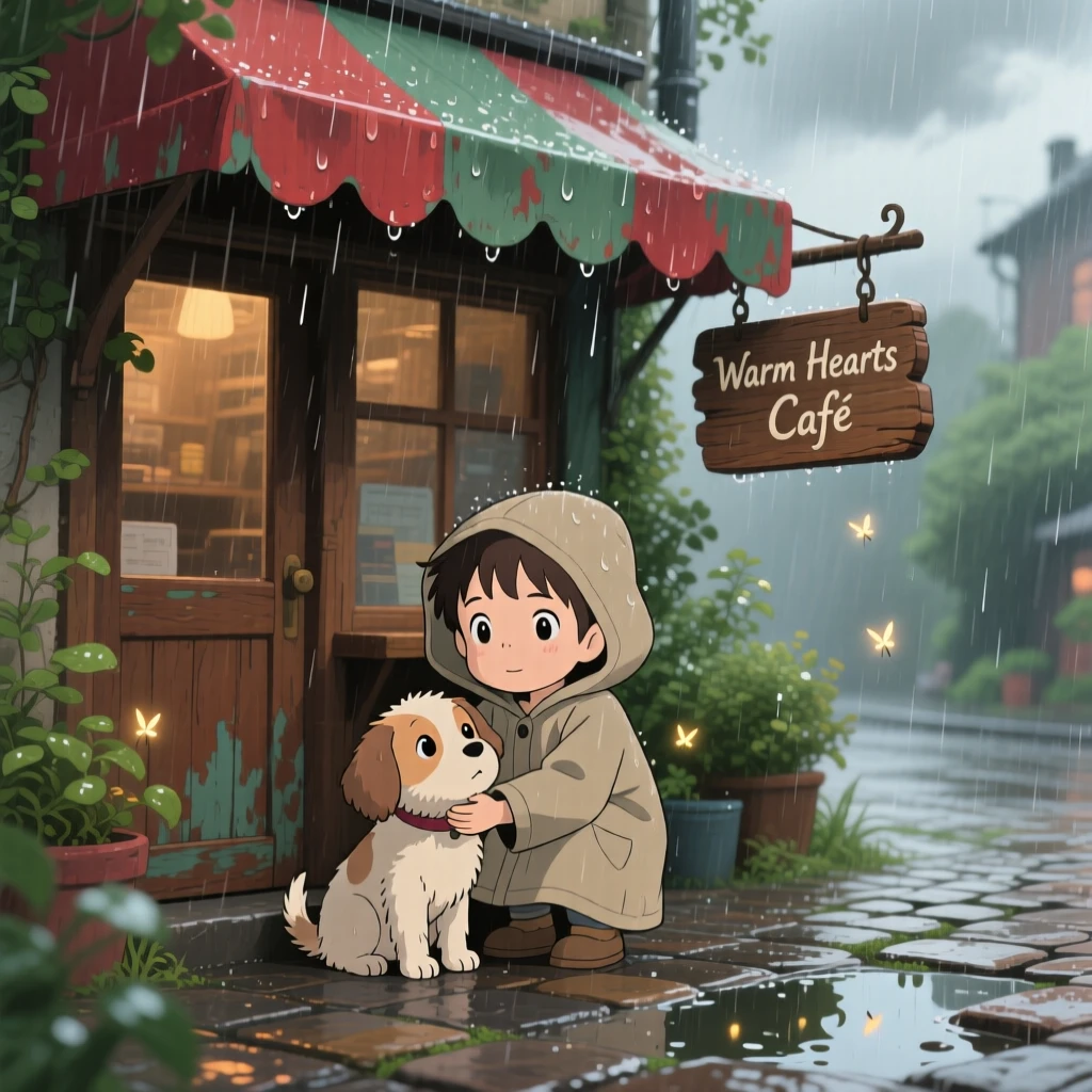 A tender moment of a child comforting a lost puppy under a rainy awning, the scene warmly nostalgic.