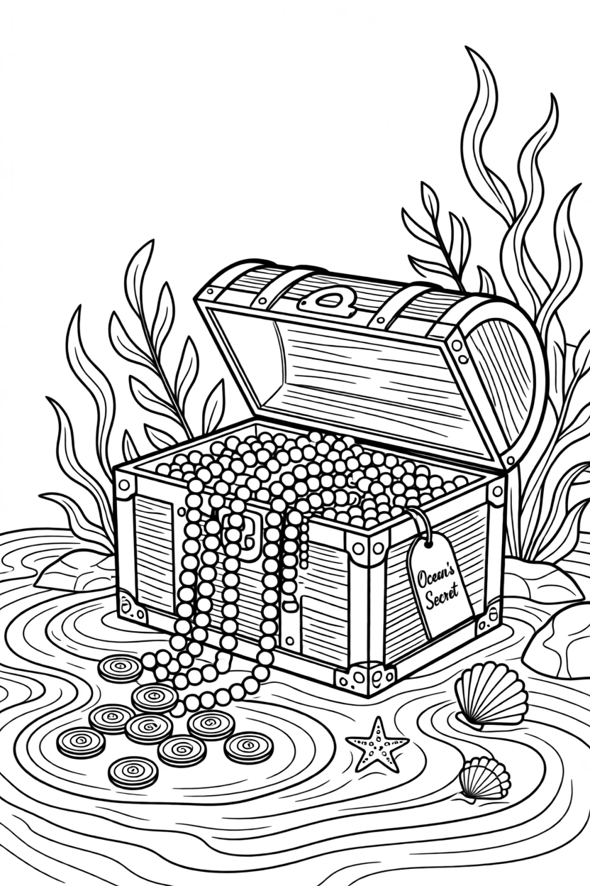 A treasure chest spilling pearls and gold coins on the ocean floor, with swirling sand and drifting seaweed.