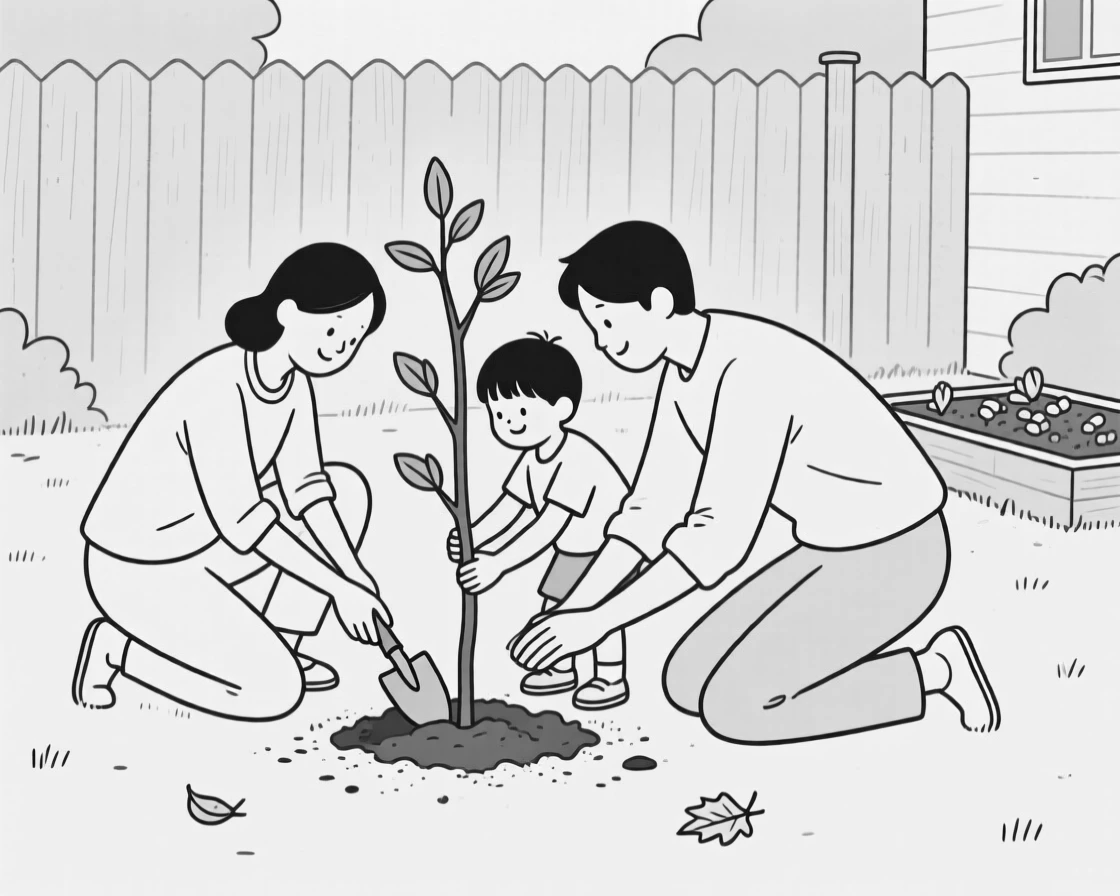 A family planting a tree together in the backyard