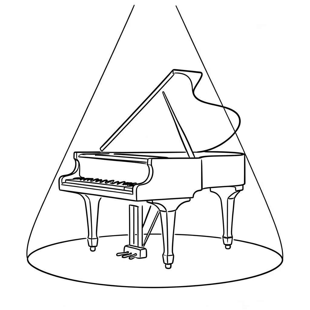 A grand piano bathed in a spotlight on an empty theater stage