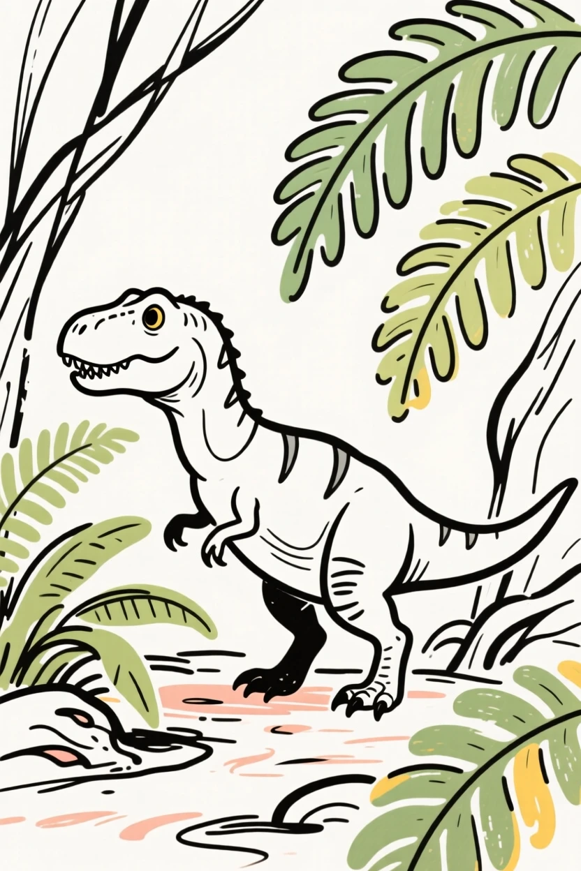 A young Tyrannosaurus rex exploring a prehistoric fern gully.