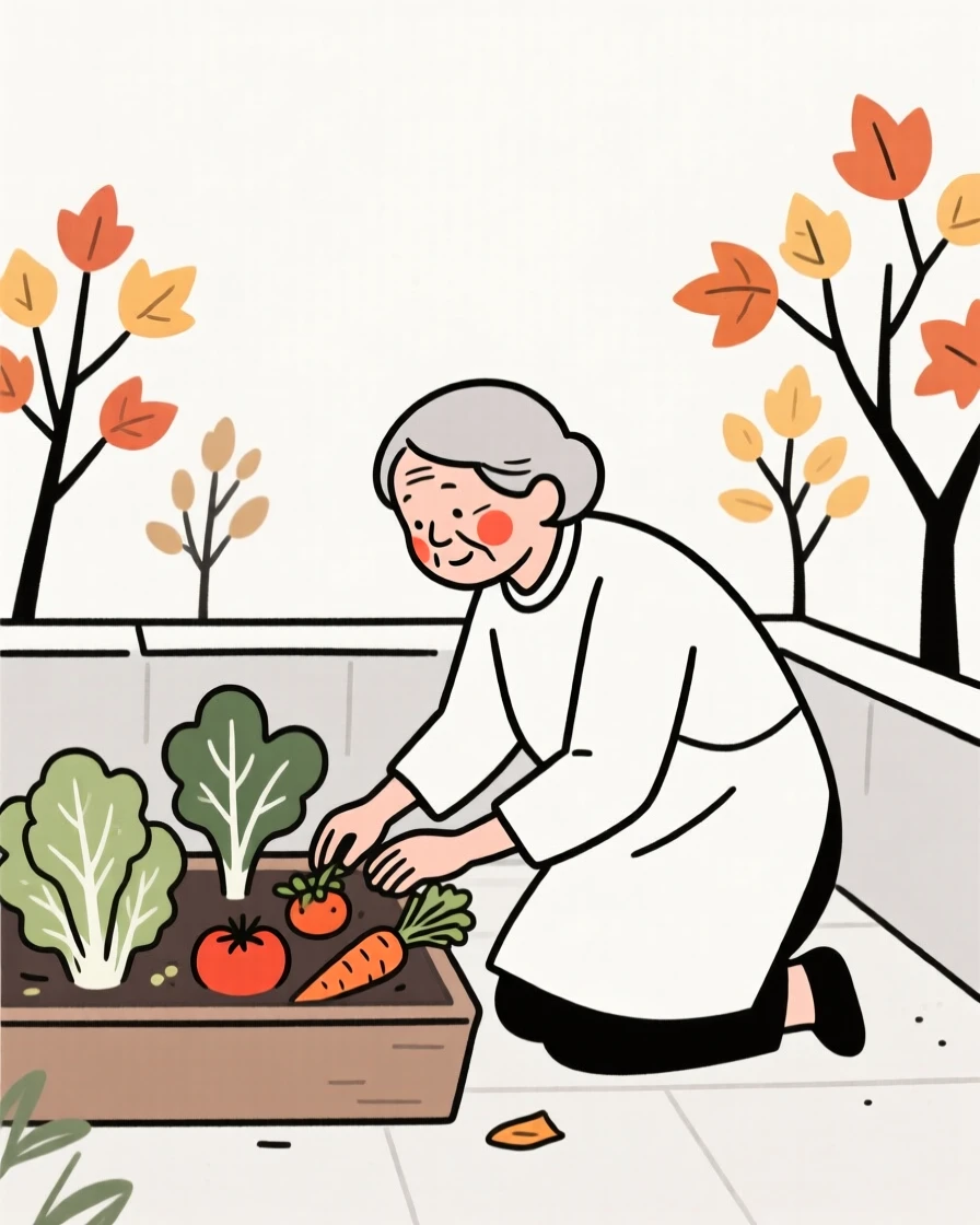 A grandmother tending a rooftop vegetable garden, in an autumn orchard.