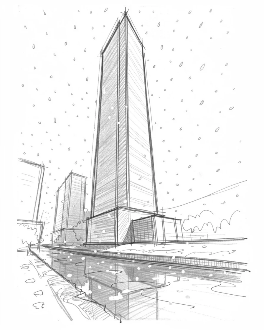 A stunning view of a towering modern skyscraper in gentle falling snow, with reflections shimmering in a nearby canal.