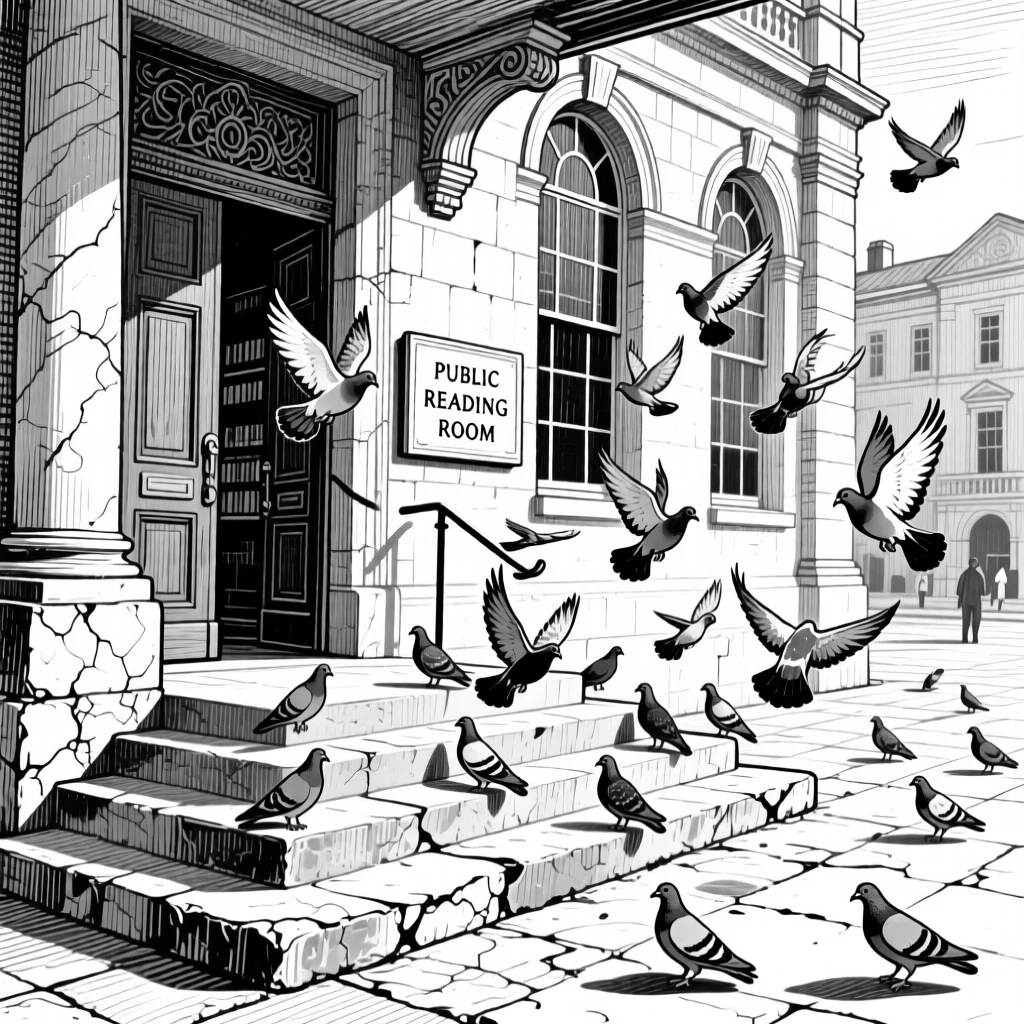 A grand old library reading room as pigeons scatter across the square, featuring worn stone steps polished by centuries of footsteps, rendered in a quietly charming architectural composition.