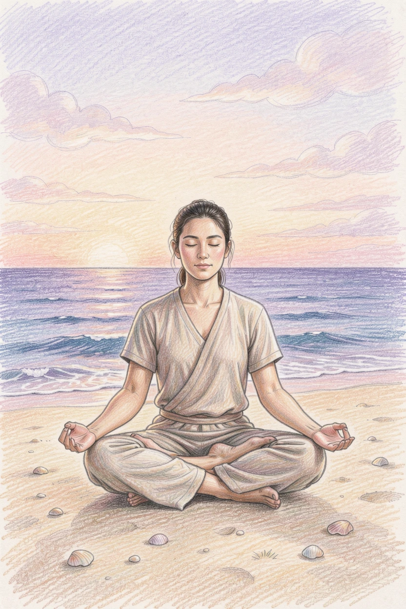 A yogi practicing a peaceful pose on a beach at dawn, with a calm, focused atmosphere throughout, celebrating the quiet joy of craftsmanship and passion.