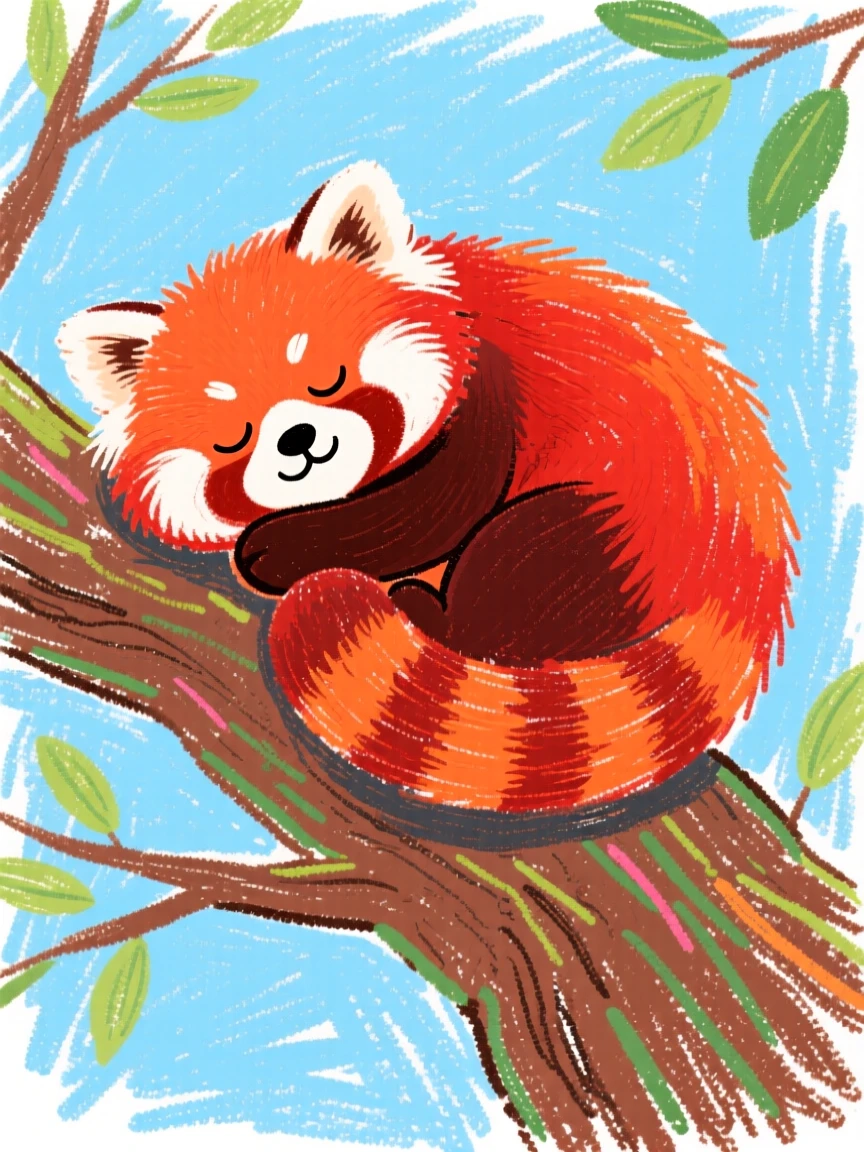 A red panda napping curled up on a tree branch.