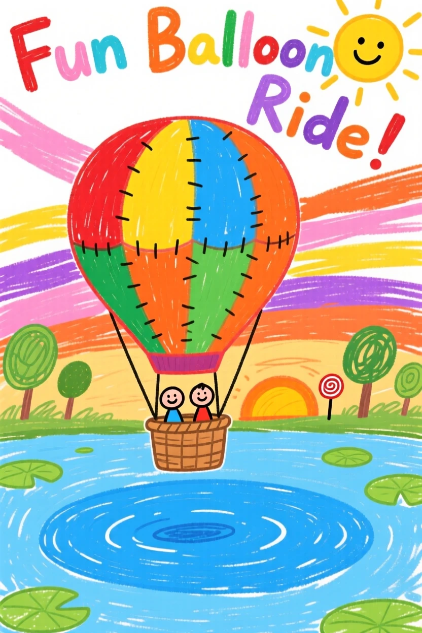 A colorful hot air balloon gliding over a quiet lake at sunset.