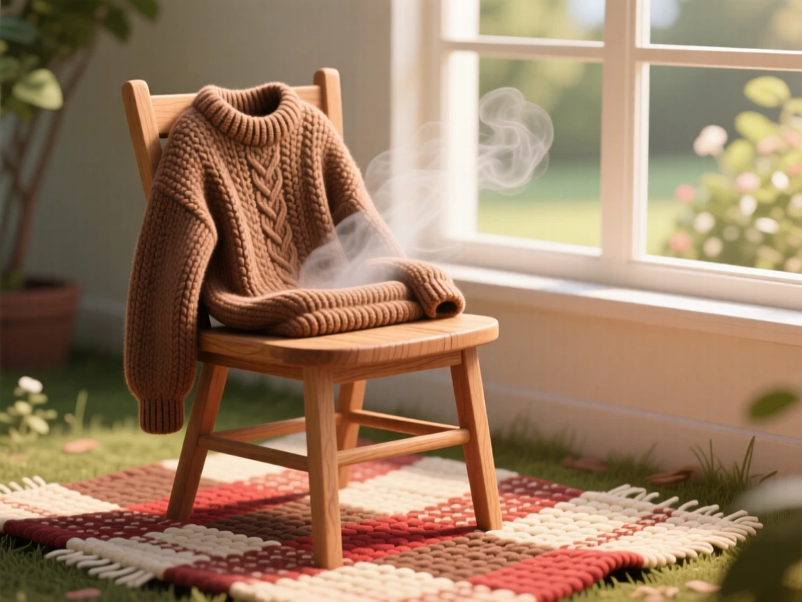 A cozy knit sweater draped over a wooden chair by a window, placed on a woven picnic blanket outdoors, framed closely to highlight comforting small details, with subtle steam rising to add a warm, lived-in feel.