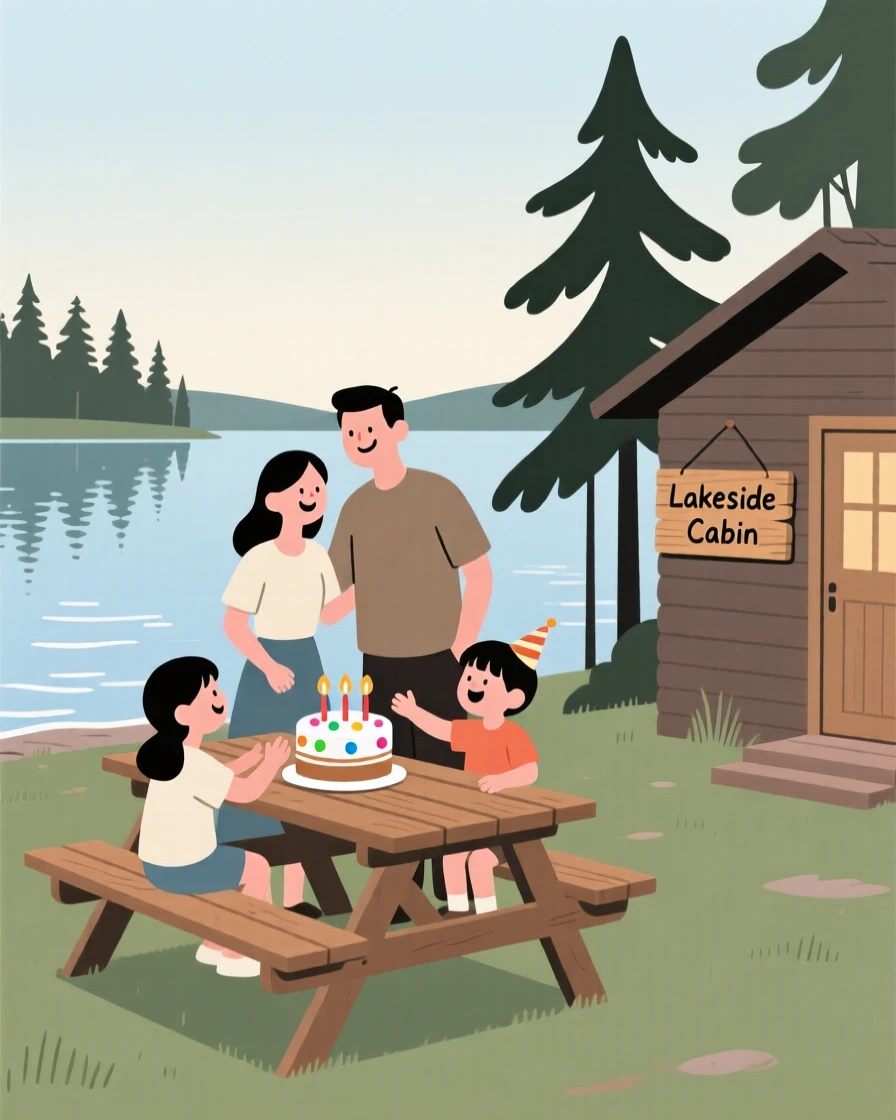 A family celebrating a birthday together at a lakeside cabin.