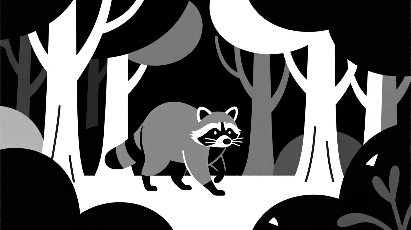 A raccoon emerging from a dense forest.