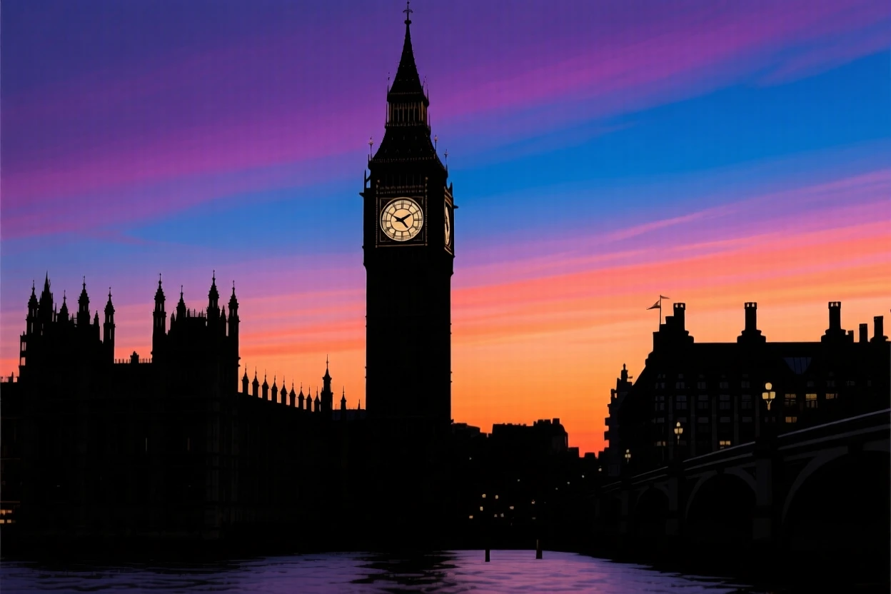 The clock tower of Big Ben rising above the River Thames at twilight.