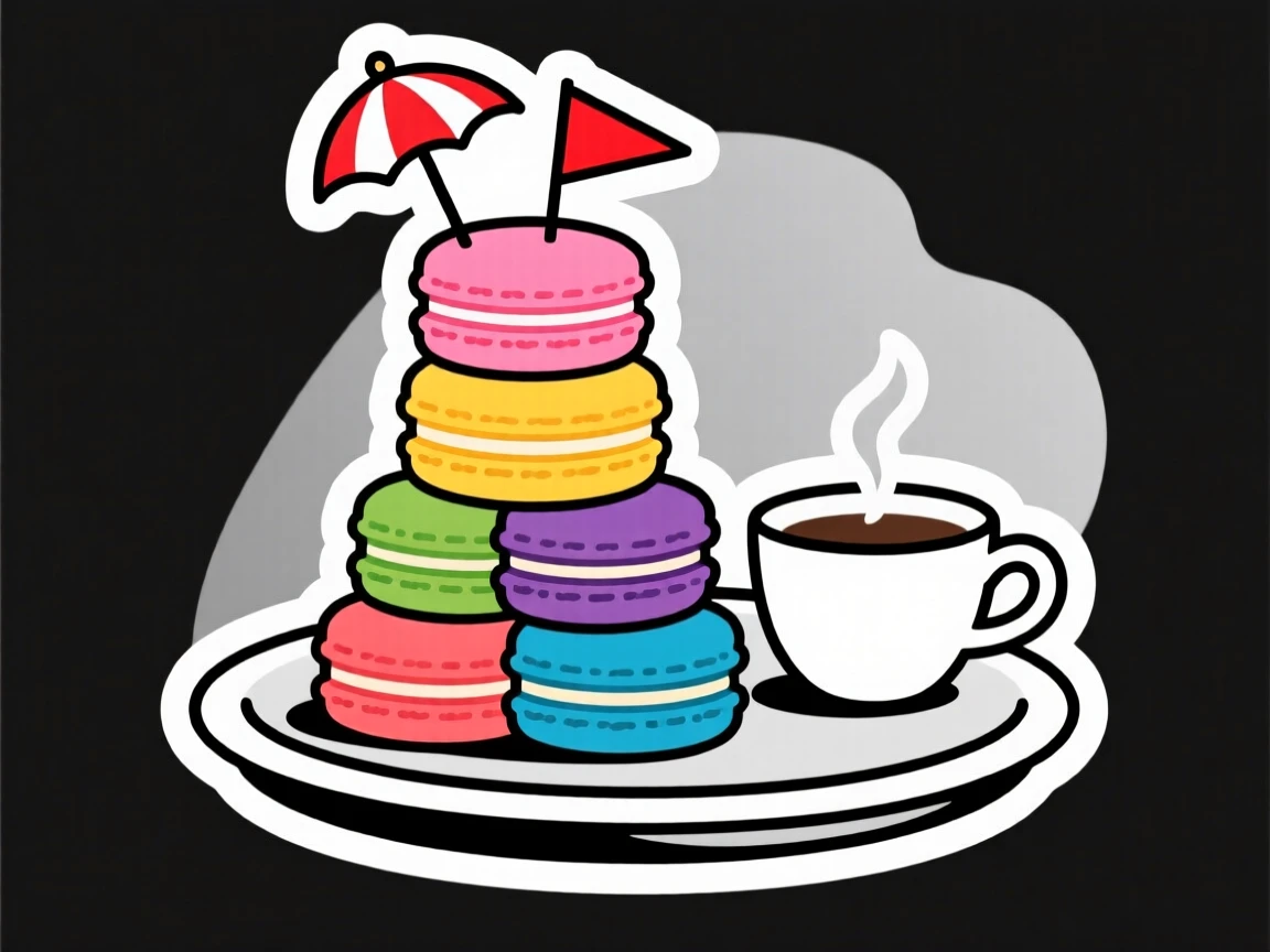 A colorful and vibrant stack of colorful macaron towers, with a small flag or umbrella decoration on top, on a tray beside a cup of coffee.